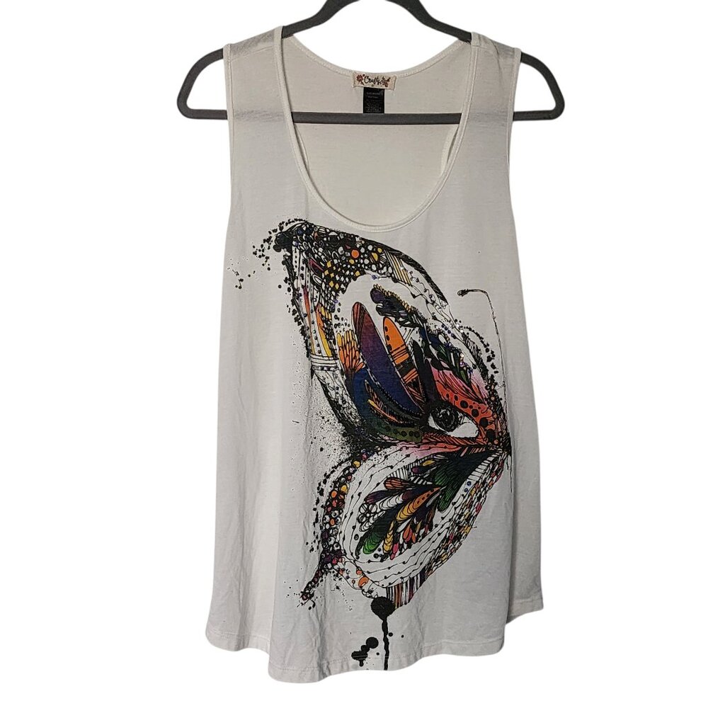 172. Crafty Women's White Beaded Butterfly Eye Design Tank Top